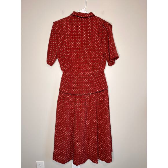 1980s Laura Henson Red Orange Pleated Modest Prairie Homestead Midi Dress M - Picture 6 of 6